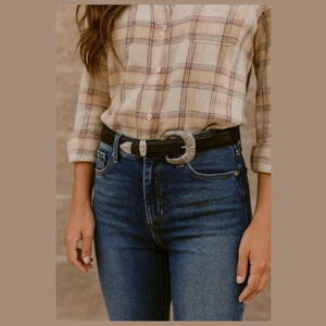 JUSTIN BOOTS Vintage 1991 Leather Western Belt Star Black Silver Women's 36 / 38